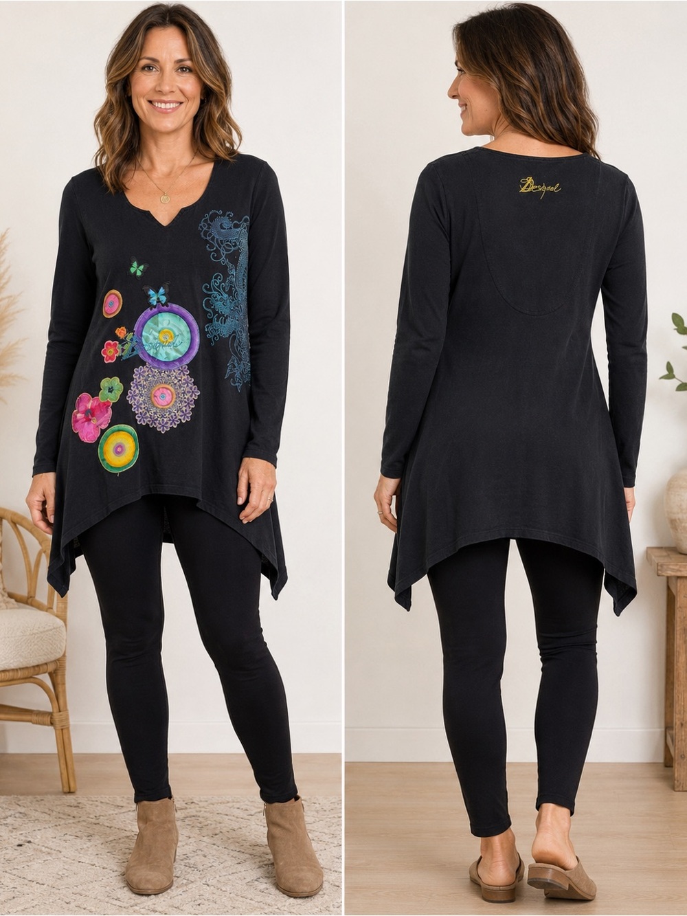 Desigual Black Long-Sleeve Asymmetric Tunic with Colorful Floral Motif Size S